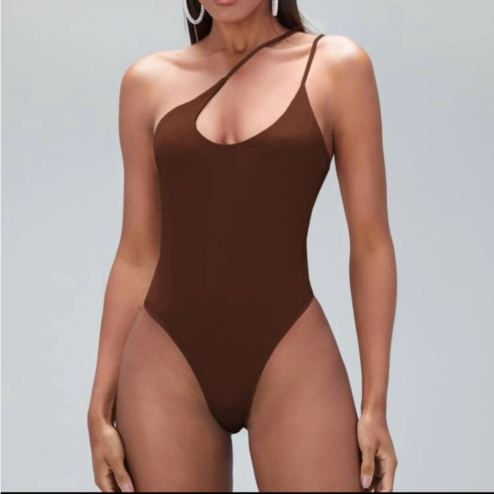 BAE Solid Asymmetrical Neck Bodysuit in Brown XS/2